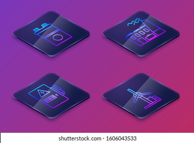 Set Isometric line Car battery, Electrical panel, Coal power plant and factory and Wind turbine. Blue square button. Vector