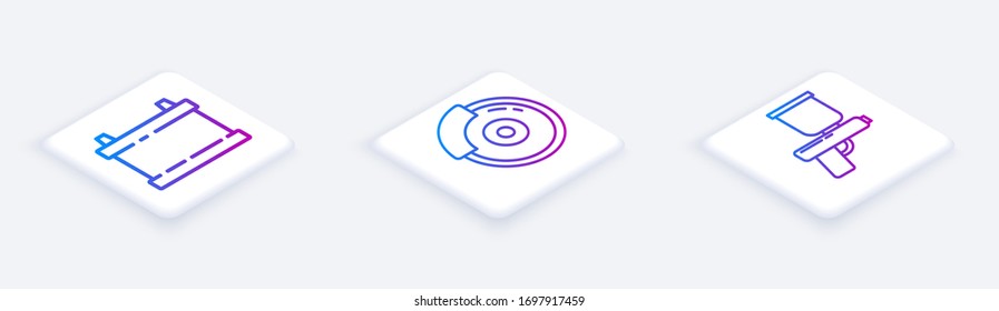 Coloque la batería de Camión de línea isométrica, el disco de freno de Camión con pinza de freno y la pistola de aerosol de pintura. Botón cuadrado blanco. Vector