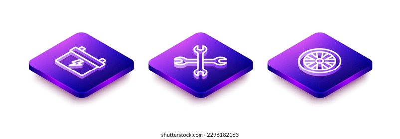 Set Isometric line Car battery, Wrench spanner and Alloy wheel for car icon. Vector