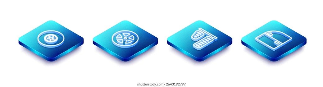 Set Isometric line Car brake disk, wheel, gas and pedals and door icon. Vector