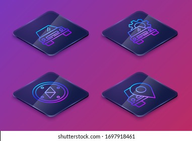 Set Isometric line Car, Compass, Car service and Map pointer with taxi. Blue square button. Vector