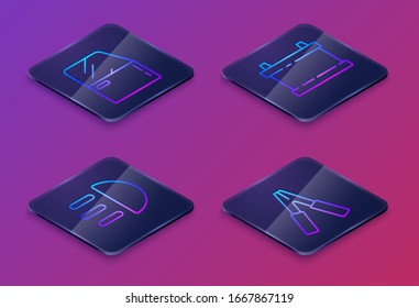 Coloque la puerta de Camión de línea isométrica, la luz de carretera, la batería de Camión y el cable de alimentación de corriente puente de la batería de Camión. Botón cuadrado azul. Vector