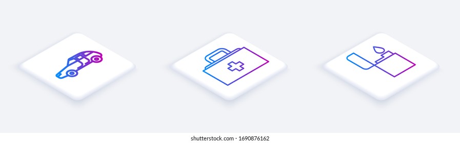 Set Isometric line Car, First aid kit and Lighter. White square button. Vector