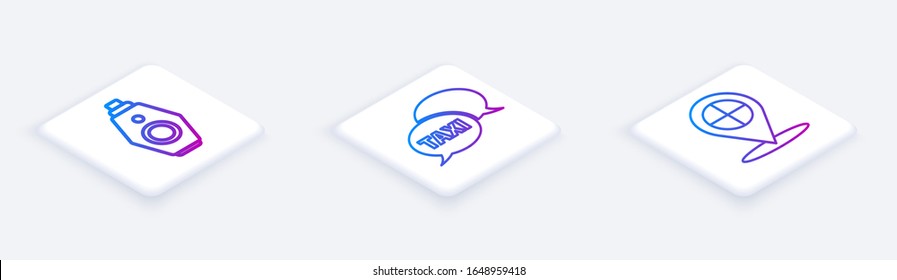 Set Isometric line Car key with remote, Taxi call telephone service and Map pointer with taxi. White square button. Vector