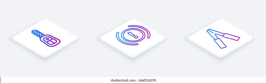 Set Isometric line Car key with remote, Brake system warning and Car battery jumper power cable. White square button. Vector