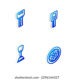 Set Isometric line Car key with remote, , Gear shifter and wheel icon. Vector