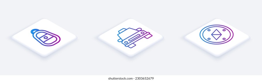 Establezca la llave de la línea Isometric Car con el mando a distancia, el automóvil Taxi y la brújula. Botón cuadrado blanco. Vector