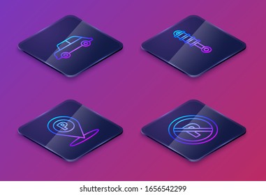 Set Isometric line Car, Location with parking, Shock absorber and No Parking or stopping. Blue square button. Vector