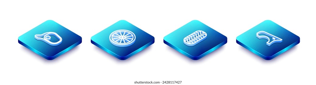 Set Isometric line Car mirror, wheel, tire and fender icon. Vector