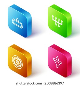 Set Isometric line Car mirror, Gear shifter, wheel and Funnel and oil drop icon. Vector