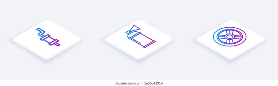 Set Isometric line Car muffler, Paint spray can and Car wheel. White square button. Vector