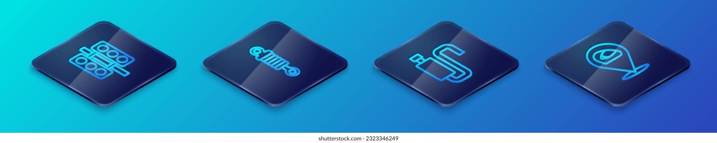 Set Isometric line Car muffler, Racing traffic light, helmet and Shock absorber icon. Vector