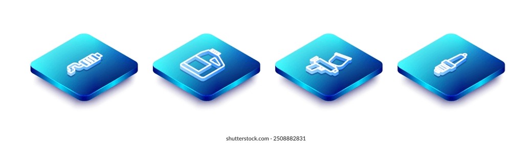 Set Silenciador de coche de línea isométrica, bote para aceite de motor, pistola de pulverización de pintura e icono de bujía. Vector