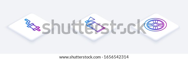 Set Isometric line Car muffler,\
Paint spray can and Car wheel. White square button.\
Vector