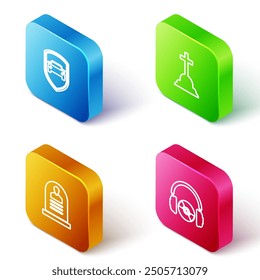 Set Isometric line Car protection or insurance, Tombstone with cross, RIP written and Headphones and CD DVD icon. Vector