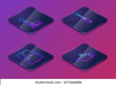 Set Isometric line Car seat, Car door, Screwdriver and Canister for motor machine oil. Blue square button. Vector