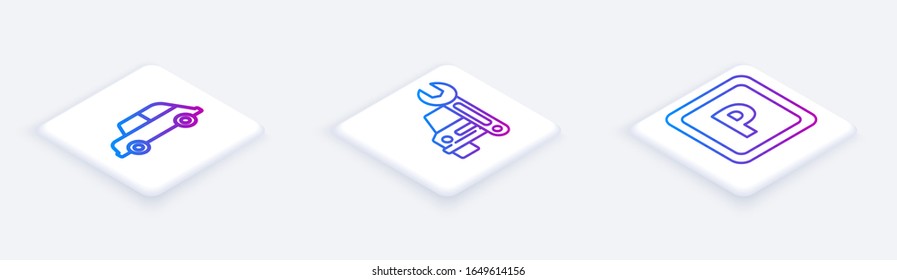 Set Isometric line Car, Car service and Parking. White square button. Vector