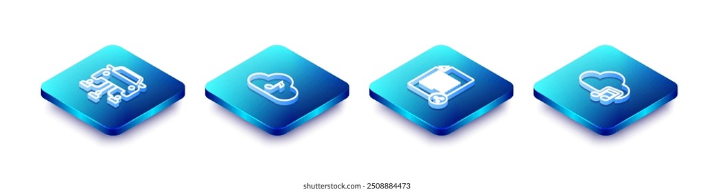 Set Isometric line Car sharing, Music streaming service, Share file and  icon. Vector