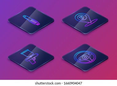 Set Isometrische Linie Auto Zündkerze, Paint Spray Pistole, Lage mit Parkplatz und Lenkrad. Blauer Quadrat-Knopf. Vektorillustration