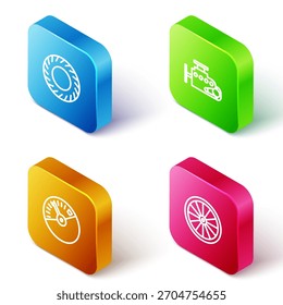 Conjunto de línea isométrica Neumático de coche, motor, velocímetro e icono de rueda. Vector