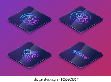 Set Isometric line Car wheel, Car search, Car wheel and Shock absorber. Blue square button. Vector