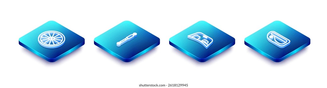 Set Isometric line Car wheel, Shock absorber, windscreen and door handle icon. Vector