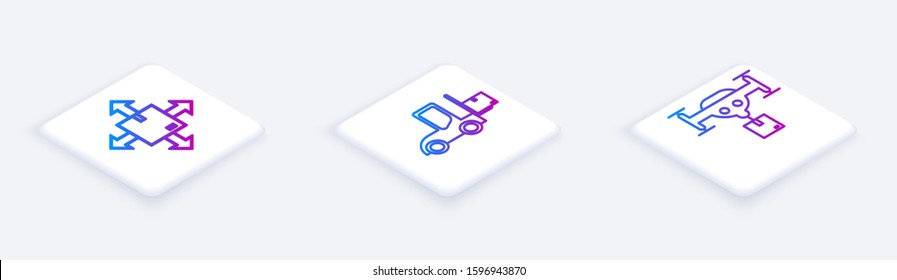 Set Isometric line Cardboard box with traffic symbol, Forklift truck  and Delivery drone with the package . White square button. Vector