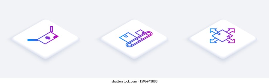 Set Isometric line Cardboard box with traffic symbol , Conveyor belt with cardboard box  and Cardboard box with traffic symbol. White square button. Vector