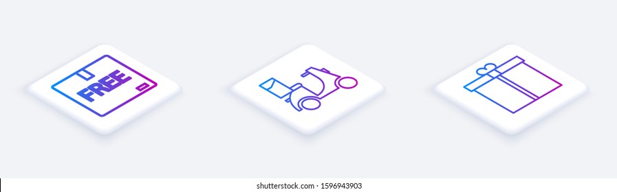 Set Isometric line Cardboard box with free symbol , Scooter delivery  and Gift box . White square button. Vector