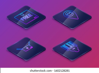 Set Isometric line Cardboard box with free symbol , Cardboard box with traffic symbol , Placeholder on map paper and Scanner scanning bar code . Blue square button. Vector