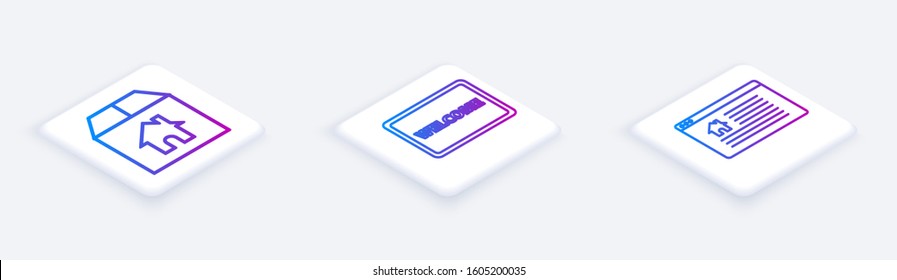 Set Isometric line Cardboard box with house, Doormat with the text Welcome and Hanging sign with text Online Sale. White square button. Vector