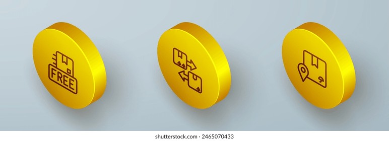 Set Isometric line Cardboard box with free symbol, traffic and Location cardboard icon. Vector