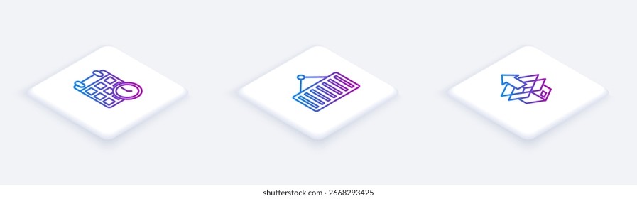 Conjunto de línea isométrica Caja de cartón con calendario, contenedor en grúa y Unboxing. Botón cuadrado blanco. Vector