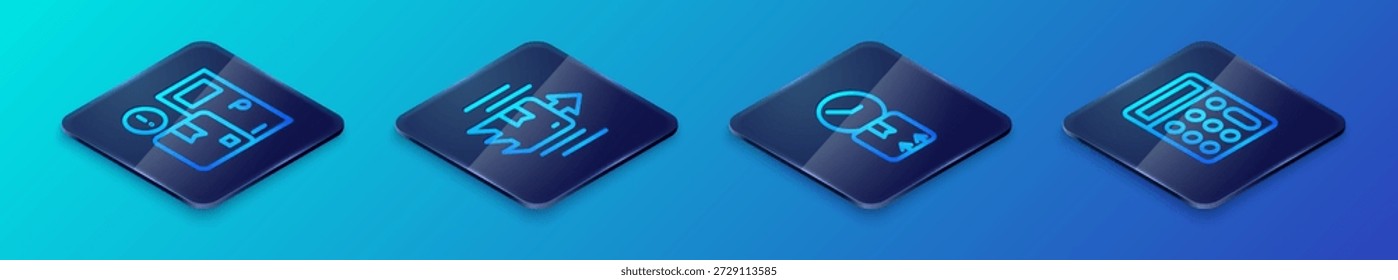 Definir Isometric line Caixa de papelão com relógio, Serviços de entrega em casa, Calculadora e ícone de papelão da caixa. Vetor