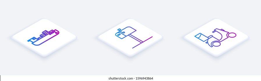 Set Isometric line Cargo ship with boxes delivery service , Open mail box  and Scooter delivery . White square button. Vector