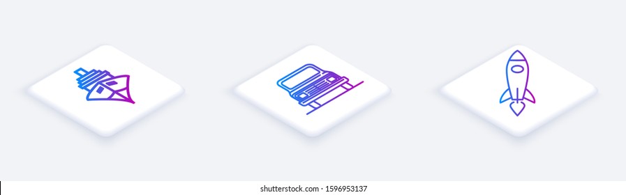 Set Isometric line Cargo ship, Car and Rocket ship with fire. White square button. Vector