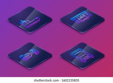 Set Isometric line Cargo ship, Formula race car, Old city tram and Bus. Blue square button. Vector