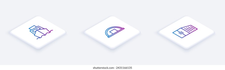 Set Isometric line Cargo ship with boxes delivery, Warehouse and Container. White square button. Vector