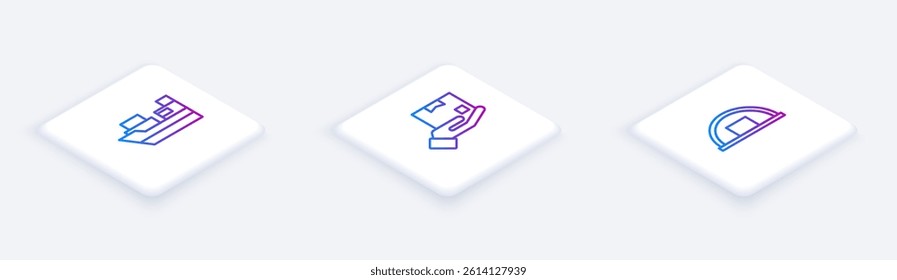 Set Isometric line Cargo ship with boxes delivery, Delivery hand and Warehouse. White square button. Vector
