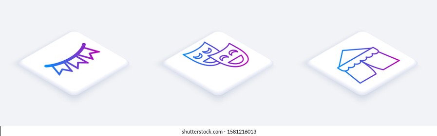 Set Isometric line Carnival garland with flags, Comedy theatrical masks and Circus tent. White square button. Vector