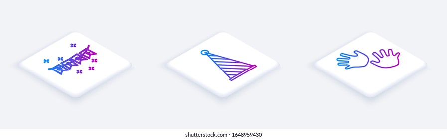 Set Isometric line Carnival garland with flags, Party hat and Baby hands print. White square button. Vector