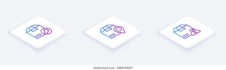Set Isometric line Carton cardboard box, Location with and Delivery security shield. White square button. Vector
