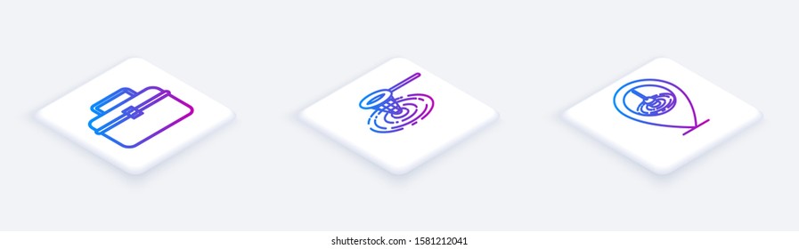 Set Isometric line Case or box container for wobbler and gear fishing equipment, Fishing net in water and Location fishing. White square button. Vector