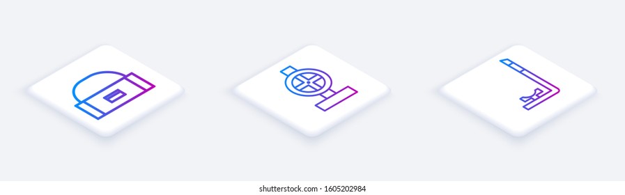 Set Isometric line Case or box container for wobbler, Industry metallic pipes and valve and Snorkel. White square button. Vector