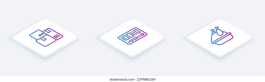 Set Isometric line Cash register machine, Barcode and Roasted turkey or chicken. White square button. Vector