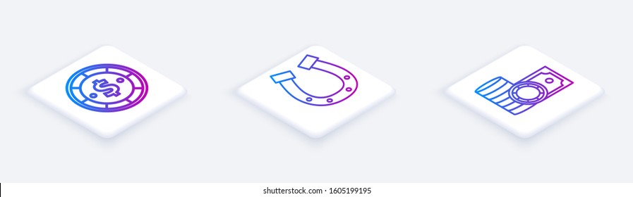 Set Isometric line Casino chip with dollar, Horseshoe and Casino chips and stacks money cash. White square button. Vector