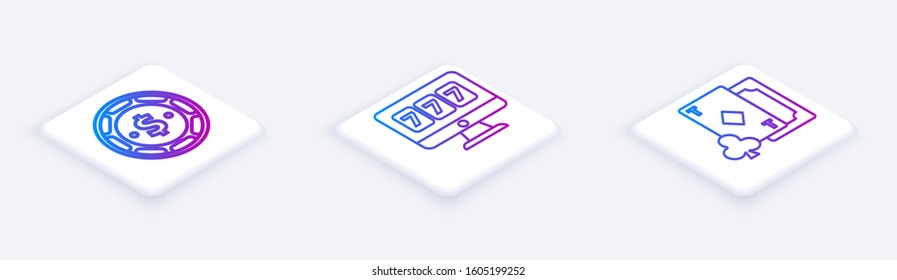 Set Isometric line Casino chip with dollar, Online slot machine with lucky sevens jackpot and Playing card with diamonds. White square button. Vector
