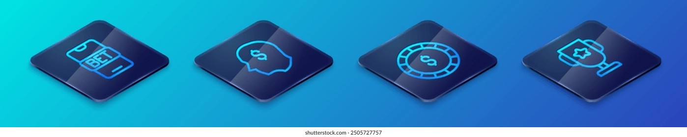 Set Isometric line Casino chip with dollar, Online sports betting, poker trophy cup and Lucky player icon. Vector