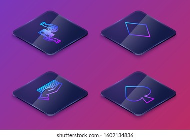 Set Isometric line Casino chips exchange on stacks of dollars, Hand holding deck of playing cards, Playing card with diamonds symbol and Playing card with spades symbol. Blue square button. Vector