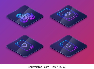 Set Isometric line Casino chips, Playing card with heart symbol, Glass of whiskey and ice cubes and Playing card with clubs symbol. Blue square button. Vector